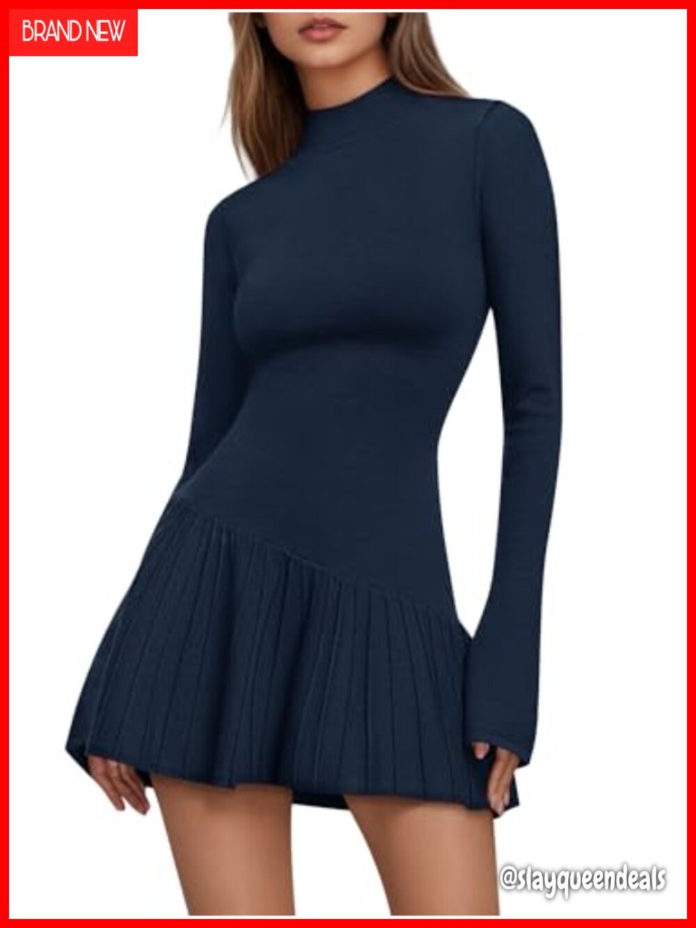 Womens Sweater Dress Mock Neck Pleated Bell Sleeve Knit Mini Dress